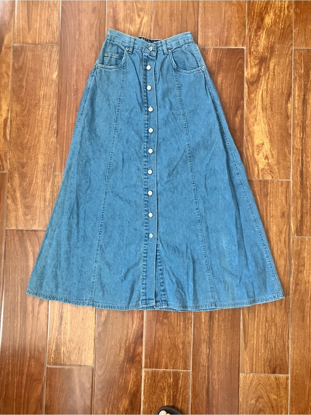 Button-Front Blue Denim A-Line Maxi Skirt